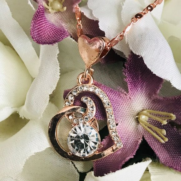 2CT 5A Austrian Crystal 18k Rose Gold Heart Necklace - Picture 2 of 7